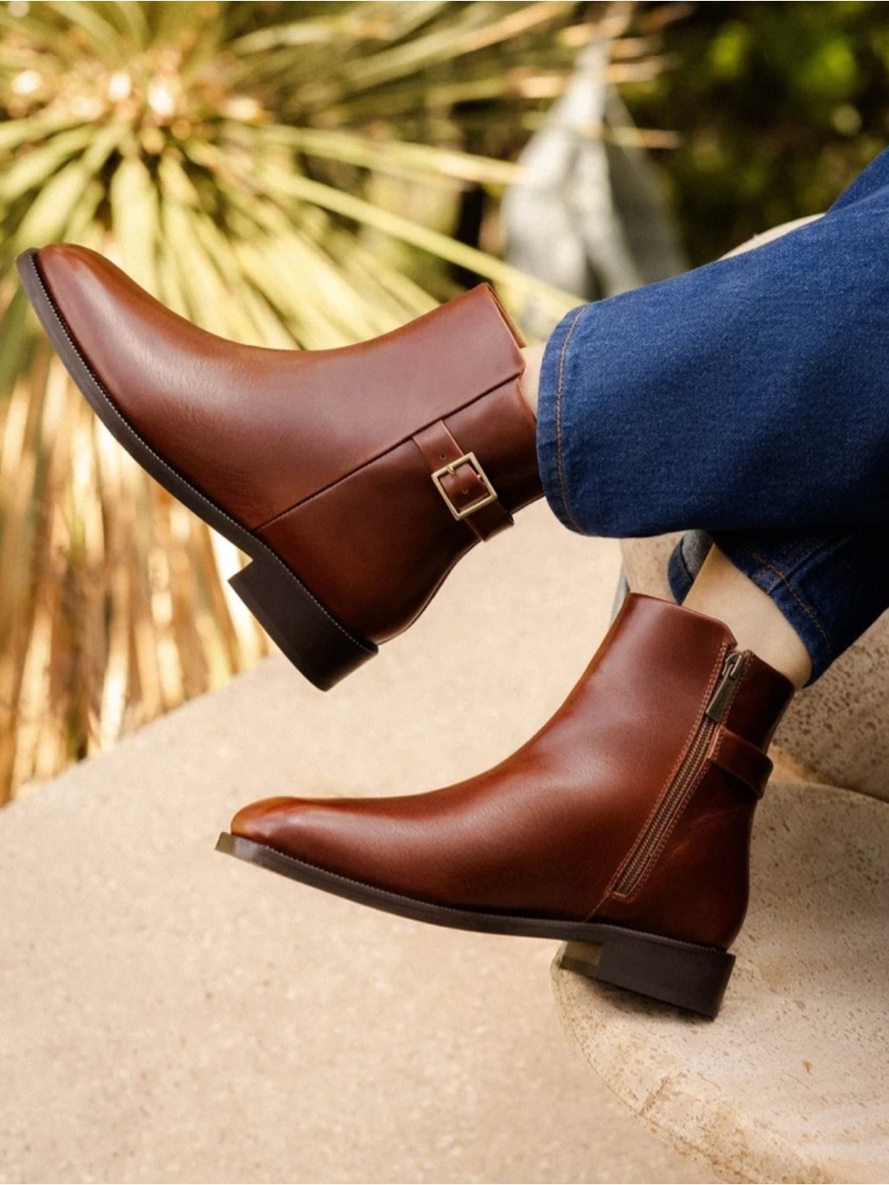 Bobbie’s Women's Brown Leather Flat Ankle Booties with Side Buckle